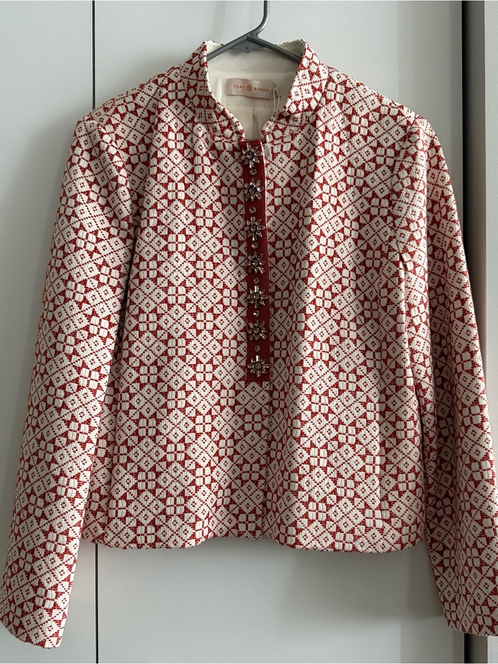 Tory Burch Coral and Cream Geometric Knit Jacket with Jewel Trim